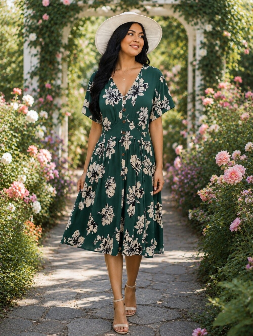Green Floral Button-Front Midi Dress by Maeve